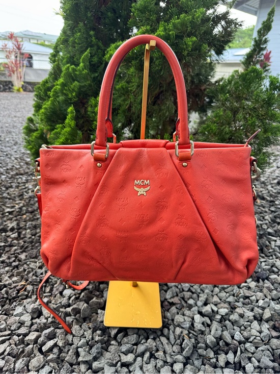 MCM Handbags - MCM Coral Red Embossed Leather Satchel Shoulder Bag Crossbody